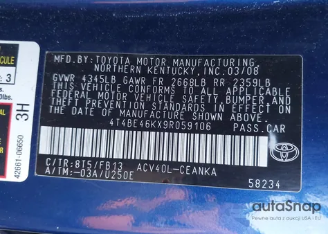 2009 Toyota Camry Le из США, поврежденный, VIN 4T4BE46KX9R059106